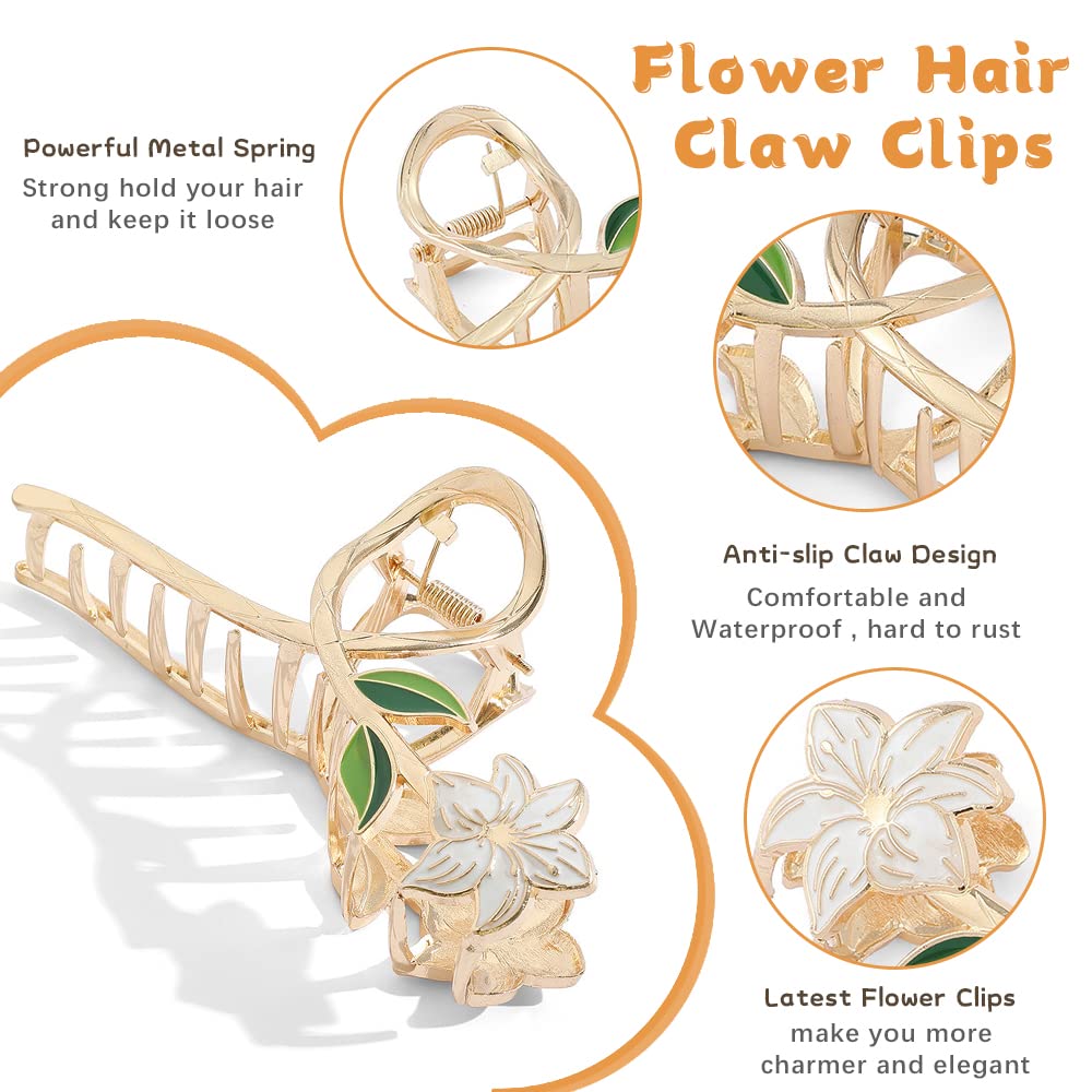Flower Claw Clip Hair Claw Clips Cute for Women Large Metal Gold Hair Clips for Thick Hair French White Flower Green Floral Hair Accessories Elegant Banana Clip Summer Styling Hairpin 2Pcs