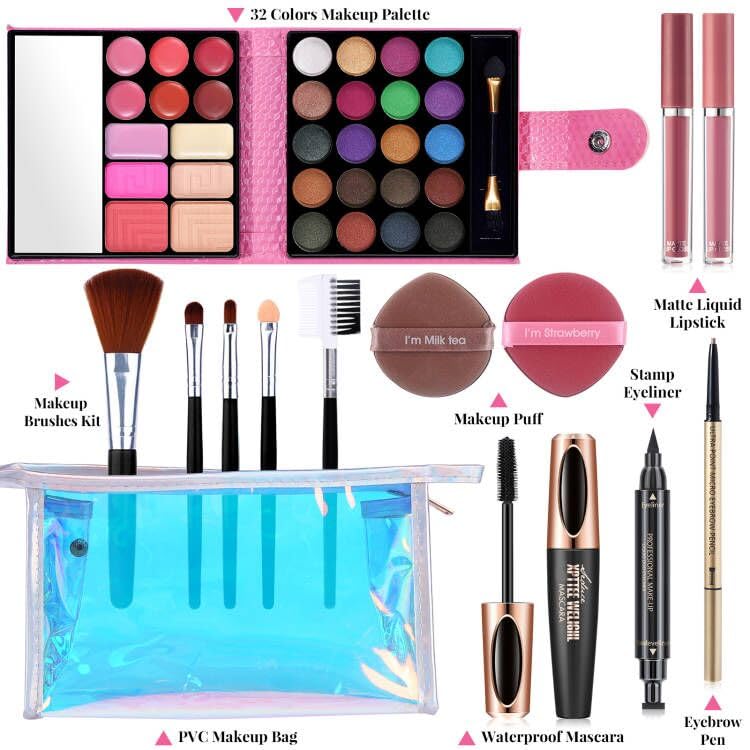 QiBest 32 Color Makeup Set with Brushes, Eyeliner & Lipsticks