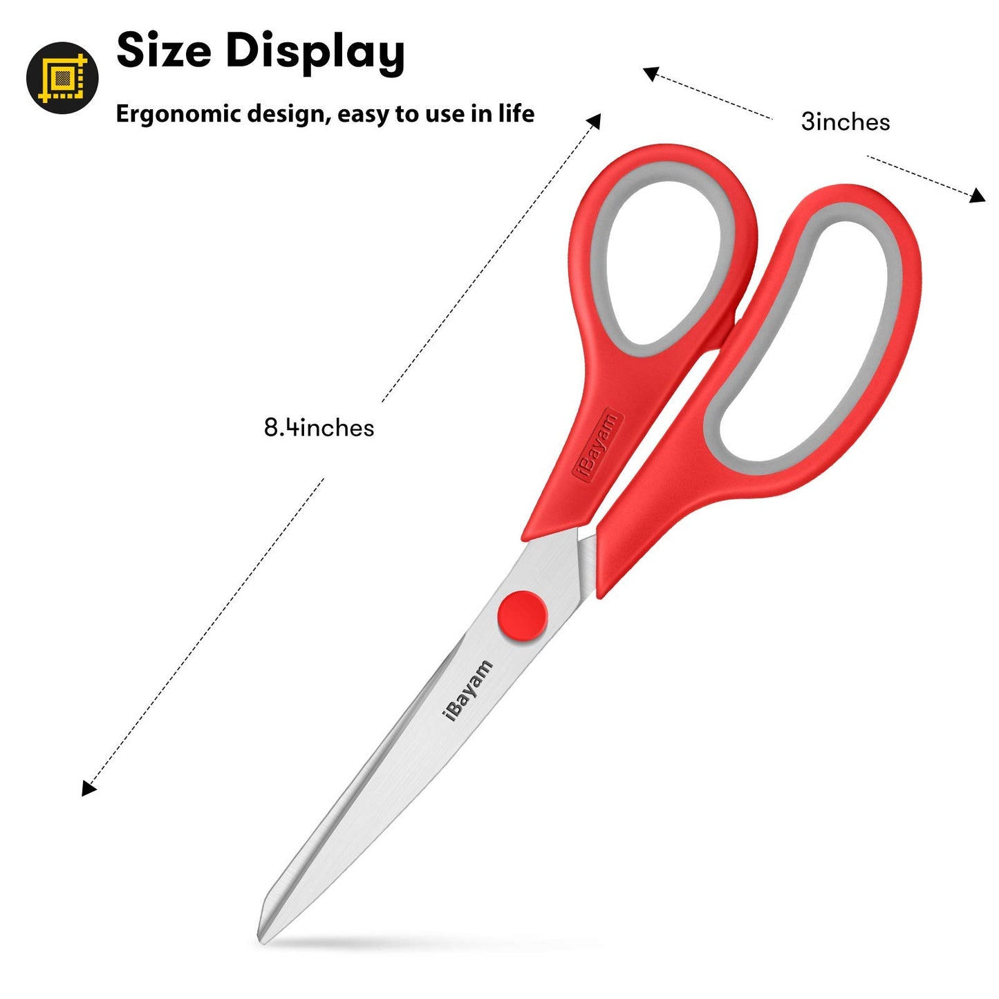 Scissors, iBayam 8" All Purpose Scissors Bulk 3-Pack, Ultra Sharp 2.5mm Thick Blade Shears Comfort-Grip Scissors for Office Desk Accessories Sewing Fabric Home Craft School Supplies, Right/Left Handed