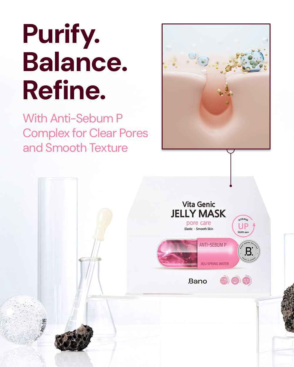 Bano Vita Genic Jelly Face Pore Care Mask 10EA – Hydrating Sheet Mask for Sensitive Skin, Korean Glass Skin Care with Spring Water, Vitamin C and Niacinamide, Sebum Control, Fragrance-Free