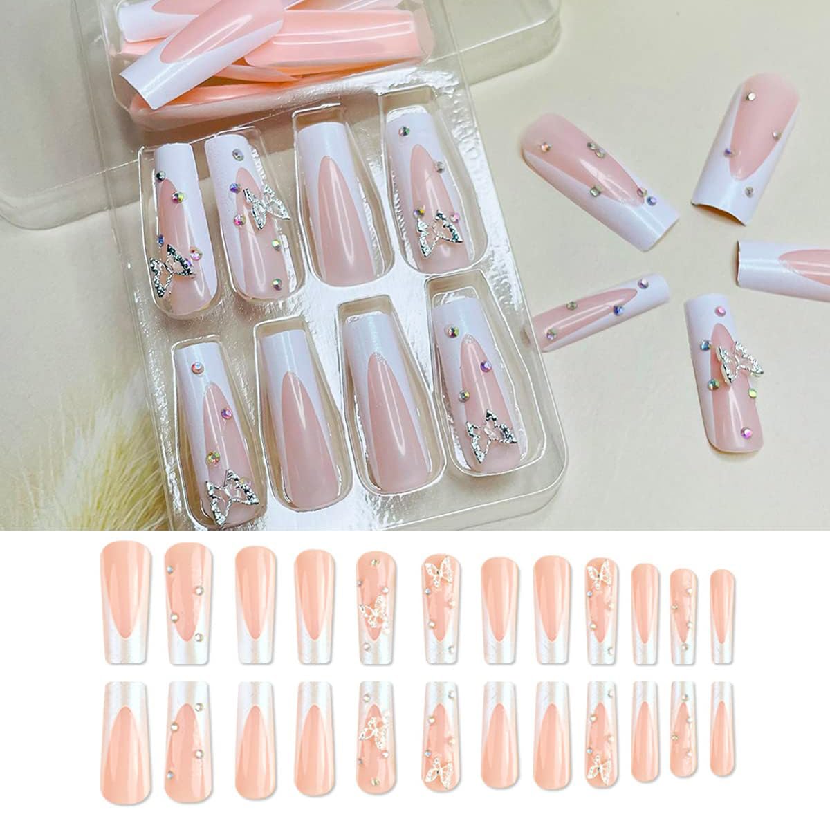 24Pcs Long Press on Nails White French Tip Fake Nails Coffin Ballet False Nails with Butterfly Rhinestones French Design with Charms Nail Decoration Full Cover Nail Tips Stick on Nails for Women Girls