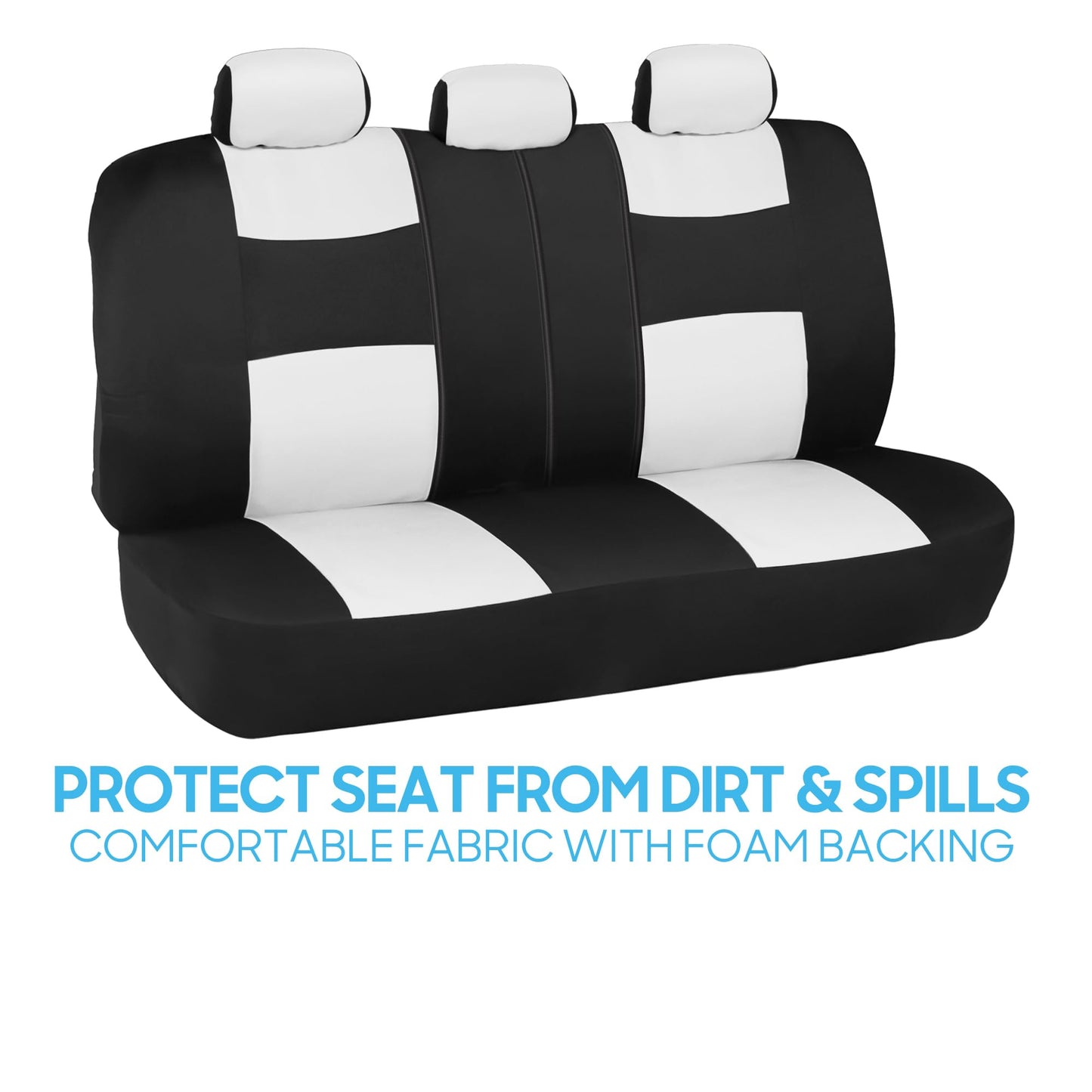 BDK PolyPro Car Seat Covers Full Set in White on Black, Front and Rear Split Bench Seat Covers for Cars, Easy to Install Car Seat Cover Set, Car Accessories for Auto Trucks Van SUV - White