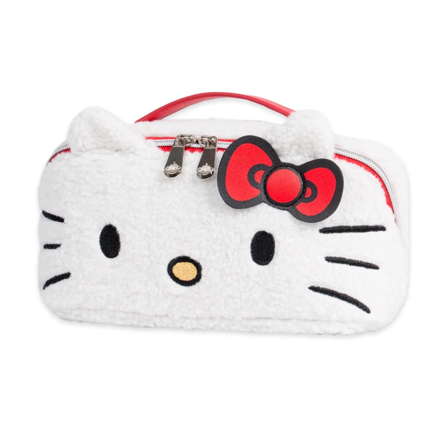 Impressions Vanity Hello Kitty Unfold Travel Makeup Bag Organizer, Opens Flat Zippered Cosmetic Bag with Cozy Sherpa Fabric Texture, Dual Compartments, Inner Pockets, Top Carrying Handle