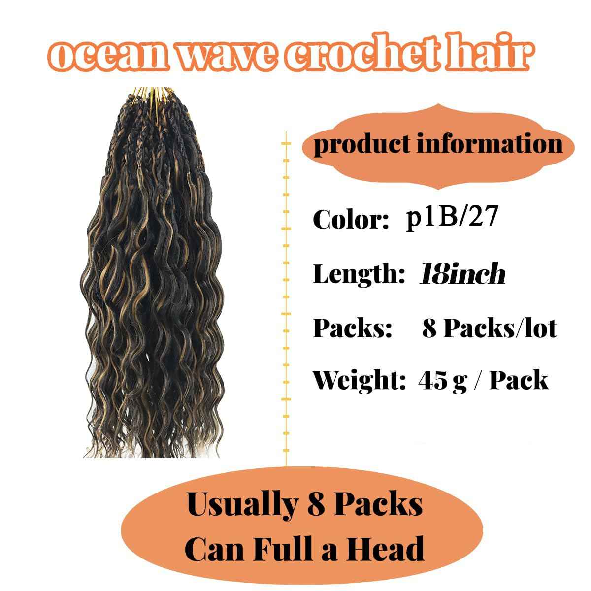 pojui 18 Inch Ocean Wave Crochet Hair 8 Packs - Synthetic Pre-Looped Deep Wavy Curly Braiding Hair for Black Women, Boho Style Hair Extensions (18inch,P1B/27-8 Packs)