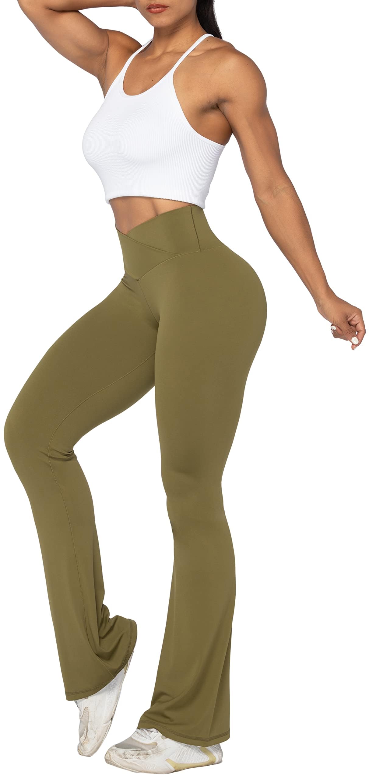 Sunzel Flare Leggings, Crossover Yoga Pants with Tummy Control, High-Waisted and Wide Leg, 34" Inseam, Martini Large