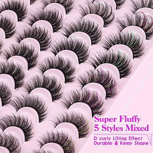 JIMIRE False Eyelashes Natural Fluffy Wispy Faux Mink Lashes 5D 14mm-18mm 5 Styles Mixed Lashes for Small Eyes Natural Look Fake Eyelashes 20 Pairs Multipack