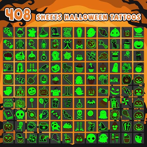 EMOME 408 Pcs Bulk Luminous Halloween Temporary Tattoos for Kids, Individually Wrapped Tattoos for Halloween Birthday Party Decorations, Glows Halloween Favors Toys Games for Kids Party