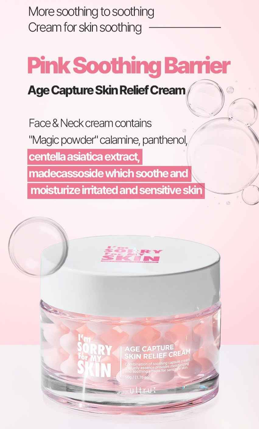 I'M SORRY FOR MY SKIN Age Capture Facial Cream, Korean Skin Care Moisturizer for Face and Neck with Hyaluronic Acid, Anti-Aging, Wrinkle Gel-Cream for Women (Pink - Skin Relief Cream, 1.76 oz)