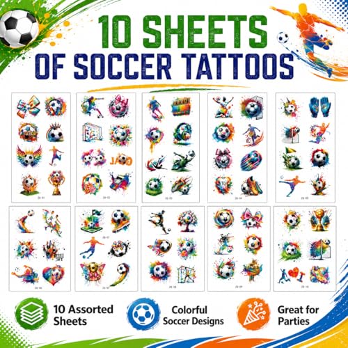 Soccer Temporary Tattoos 10 Sheets 100+ Designs
