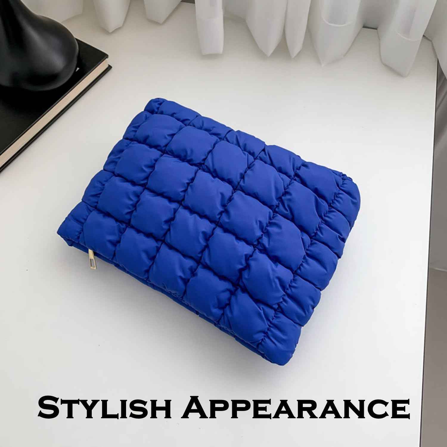 HFLZBRO Puffy Quilted Makeup Bag for Women, Cosmetic Bag, Travel Toiletry Organizer Pouch Clutch (blue)