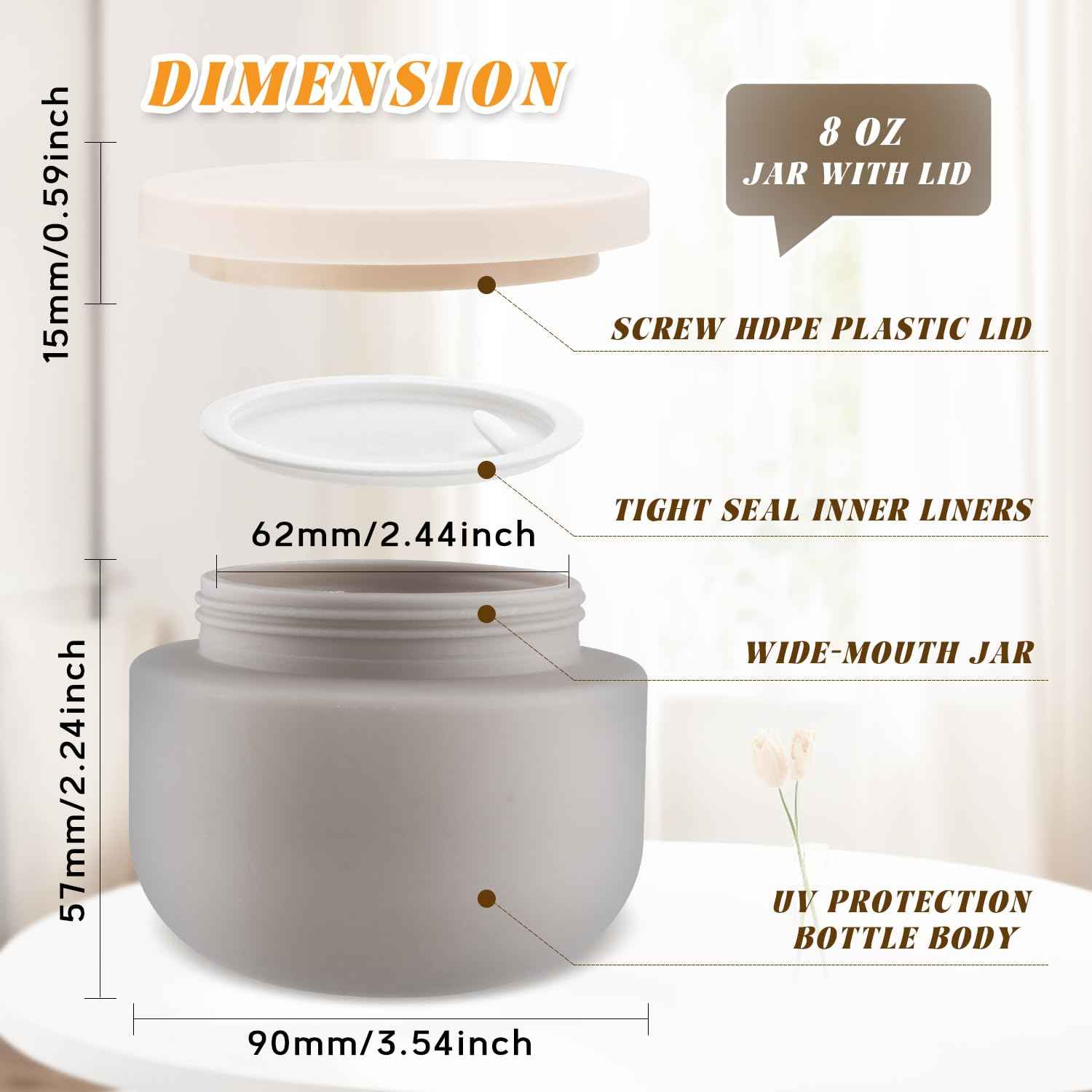 4 Pack 8 OZ Plastic Jars Round Cosmetic Container with Lids,Wide Mouth Soft Slime Jars for Lotion,Hand Cream,Ointments,Makeup,Body Butter,Rhinestone,Samples Pot Travel Make Up Storage (Grey)