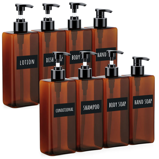 Segbeauty 8 Packs Empty Bathroom Soap Dispenser, 16.9oz Refillable Plastic Pump Bottles with Labels, 500ml Shower Dispenser Shampoo Conditioner Bottles for Kitchen Amber