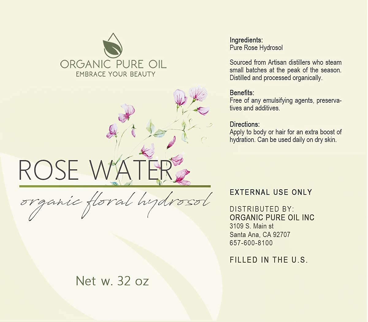 Rose Hydrosol Water - 32 oz - 100% Pure Rose Hydrosol – Hydrating Face Toner Rose Water for Skin and Hair, Linen Spray for Sheets, Room Freshener, Body Spray by Organic Pure Oil - Packaging May Vary