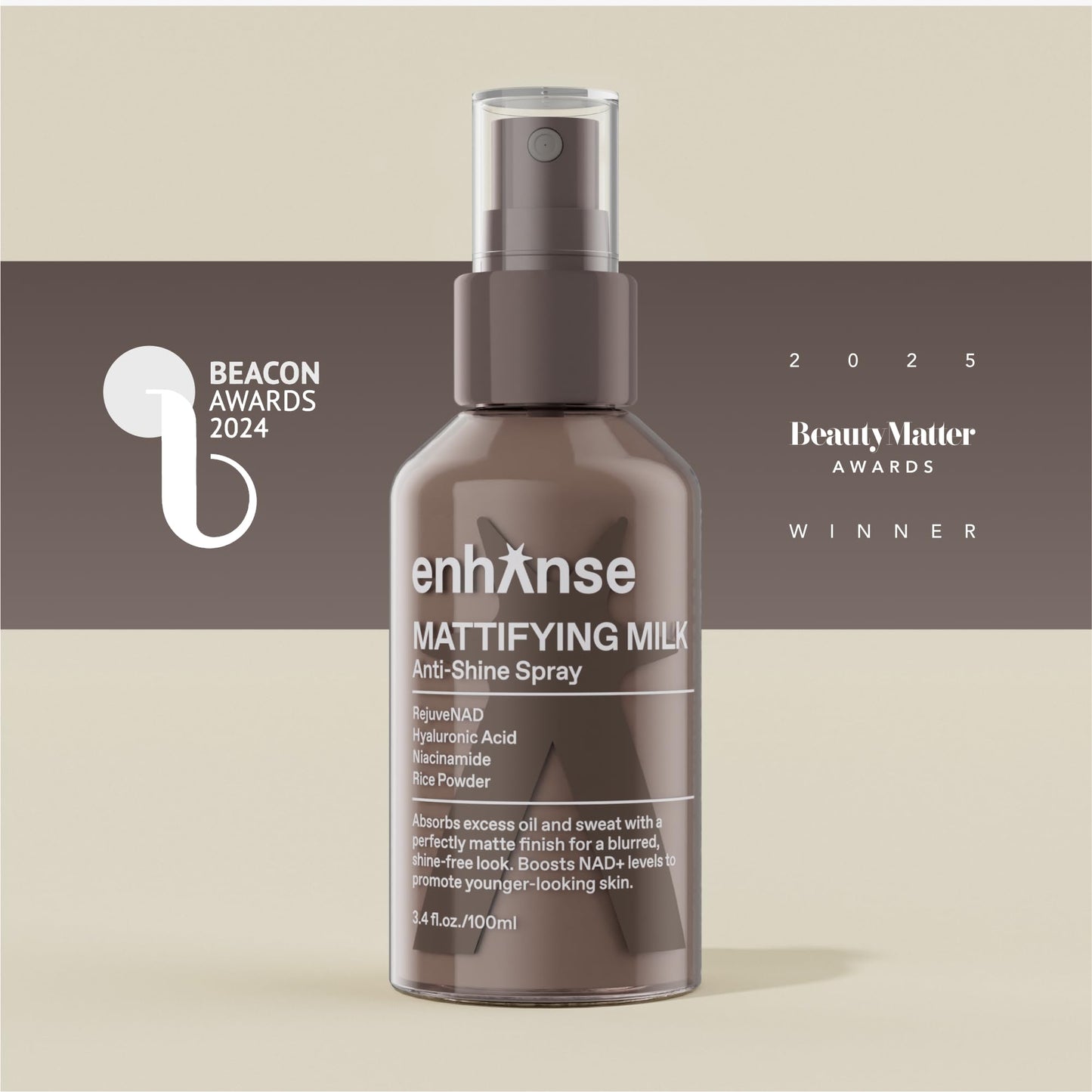 ENHANSE Mattifying Milk Anti Shine Matte Spray for Men, Hydrating Hyaluronic Acid, Rice Powder, RejuveNAD, Liquid Powder to Blur Pores & Control Shine, Clean, Oily Skin, 3.4 Fl Oz