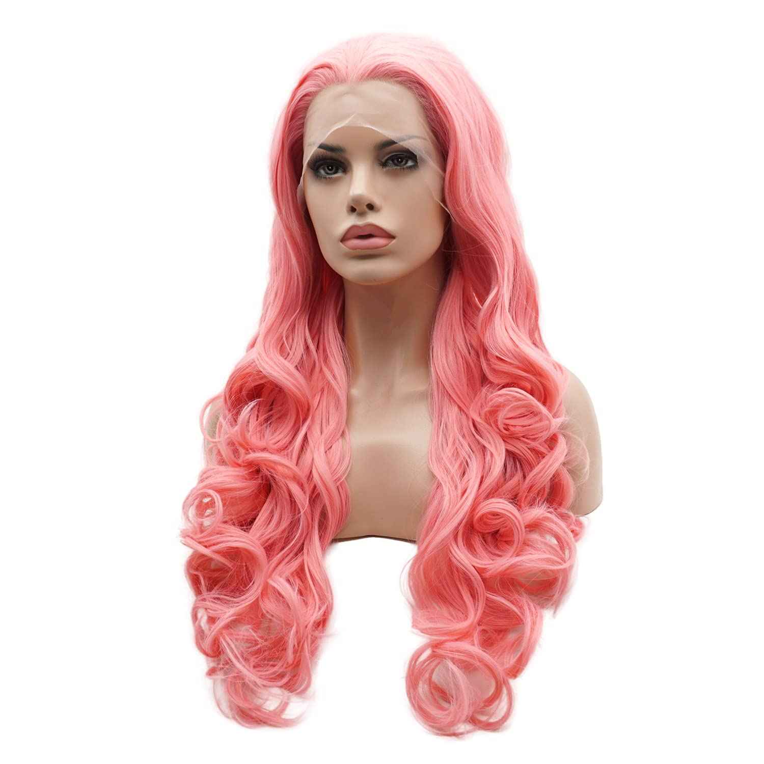 Lushy Hair Lace Front Synthetic Wig Wavy Long 26inch Pink Wig Heat Resistant Heavy Density Realistic Wig