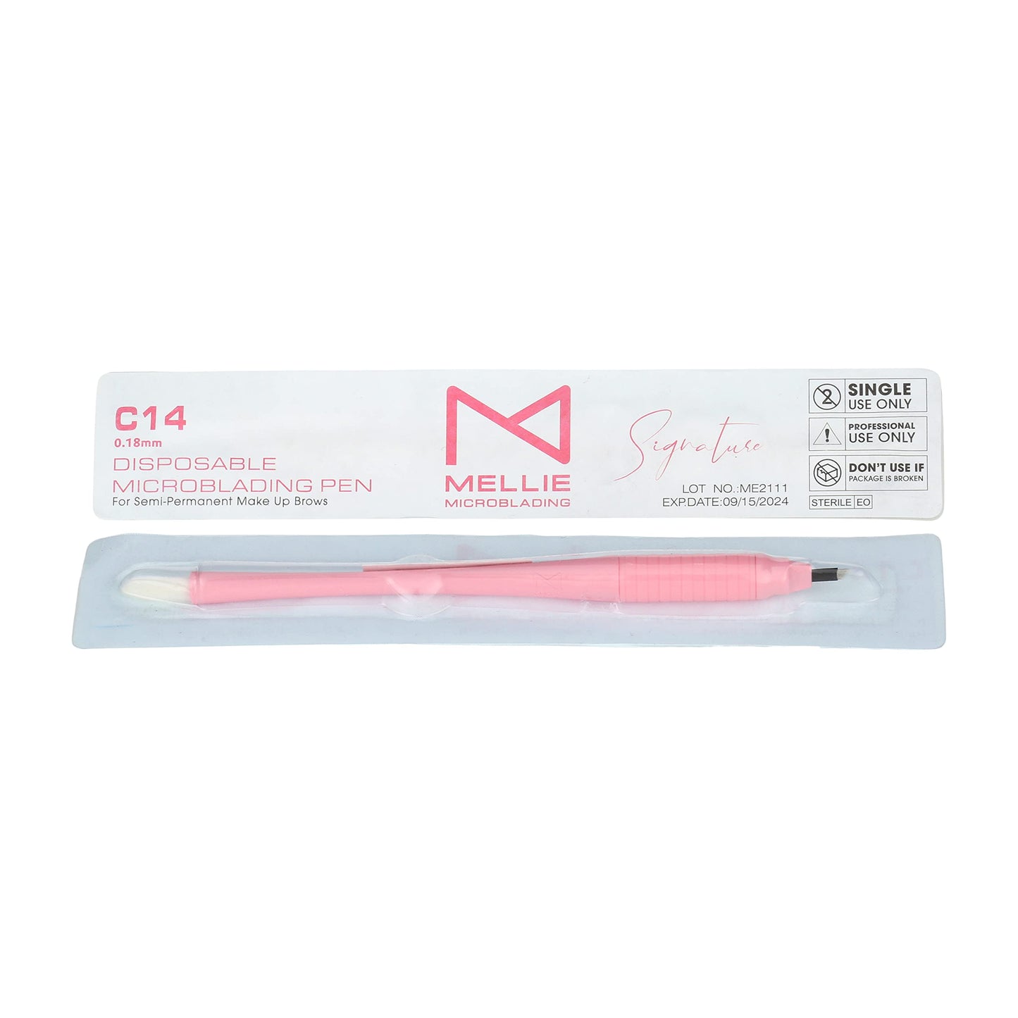 Mellie’s Signature Microblading Pen – Pack of 10 Disposable Eyebrow Tattoo Pens | Sterilized Blades C14 .18mm | Rubber Grip & Pigment Sponge | Professional Brow Tool (Pink)