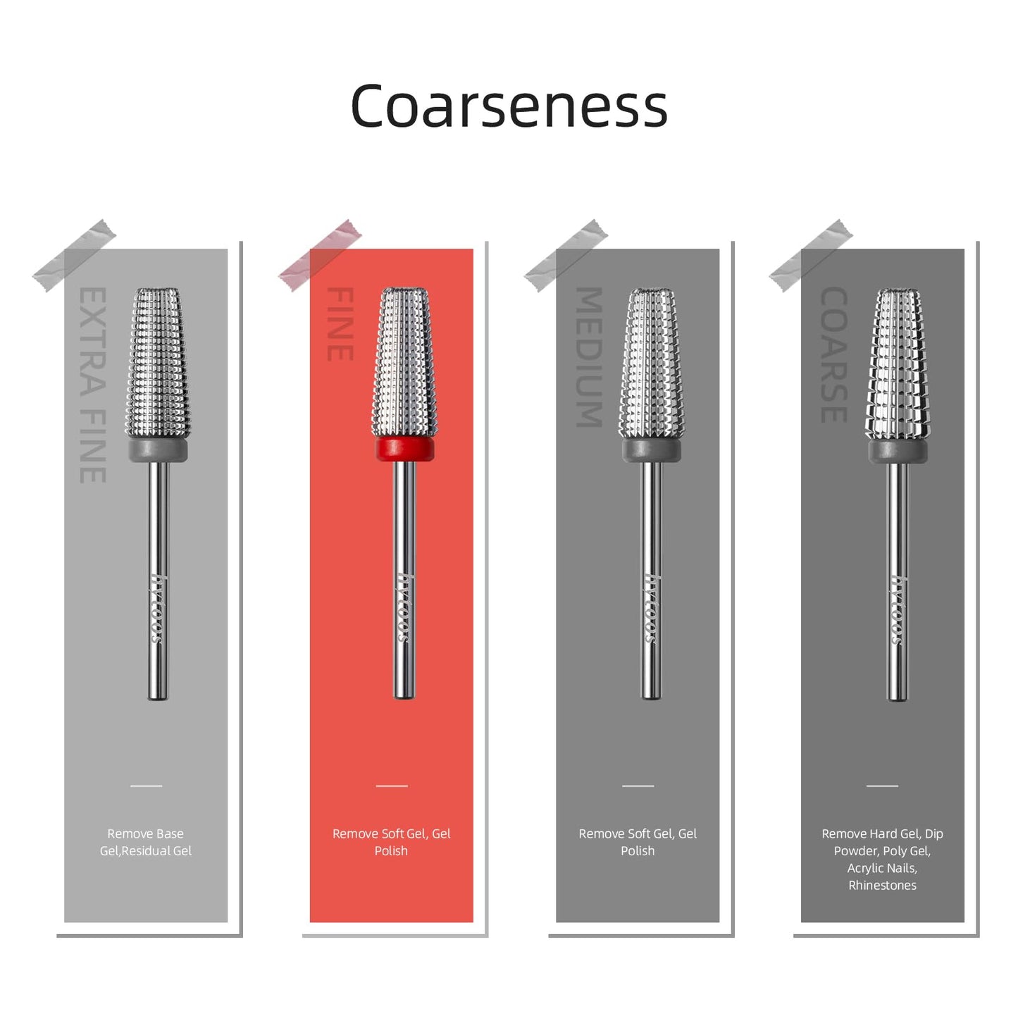 HYTOOS Fine 5 in 1 Nail Drill Bits, Safety Carbide Nail Bit, Straight Cut Tapered Drill Bits for Nails, 3/32 Two-way, Electric Manicure Drills Accessories