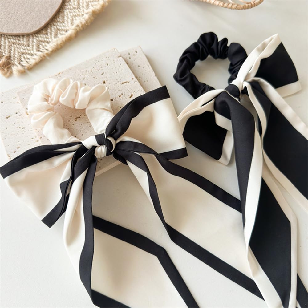 2Pcs Black Beige Chiffon Bow Hair Scrunchies and Short Ribbon Ponytail Holders for Women Girls (black/brown)