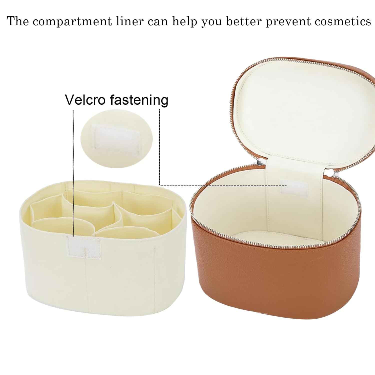 IEMIEBOAMGNOY Leather Make Up Bags With Compartments, Brown travel Cosmetic Bags for Women, Parallel Makeup Travel Bags Organizer Equipped With a Detachable Divider