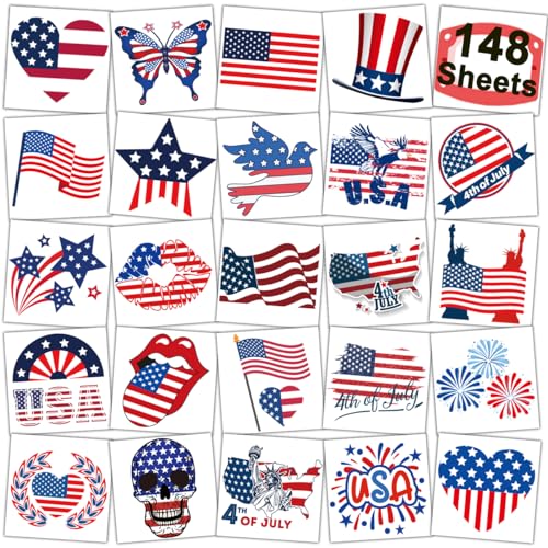 4th of July Temporary Tattoos - 148 Individually Sheets American Flag Tattoos for Kids Women Men Independence Day Party Decorations and USA Party Favors