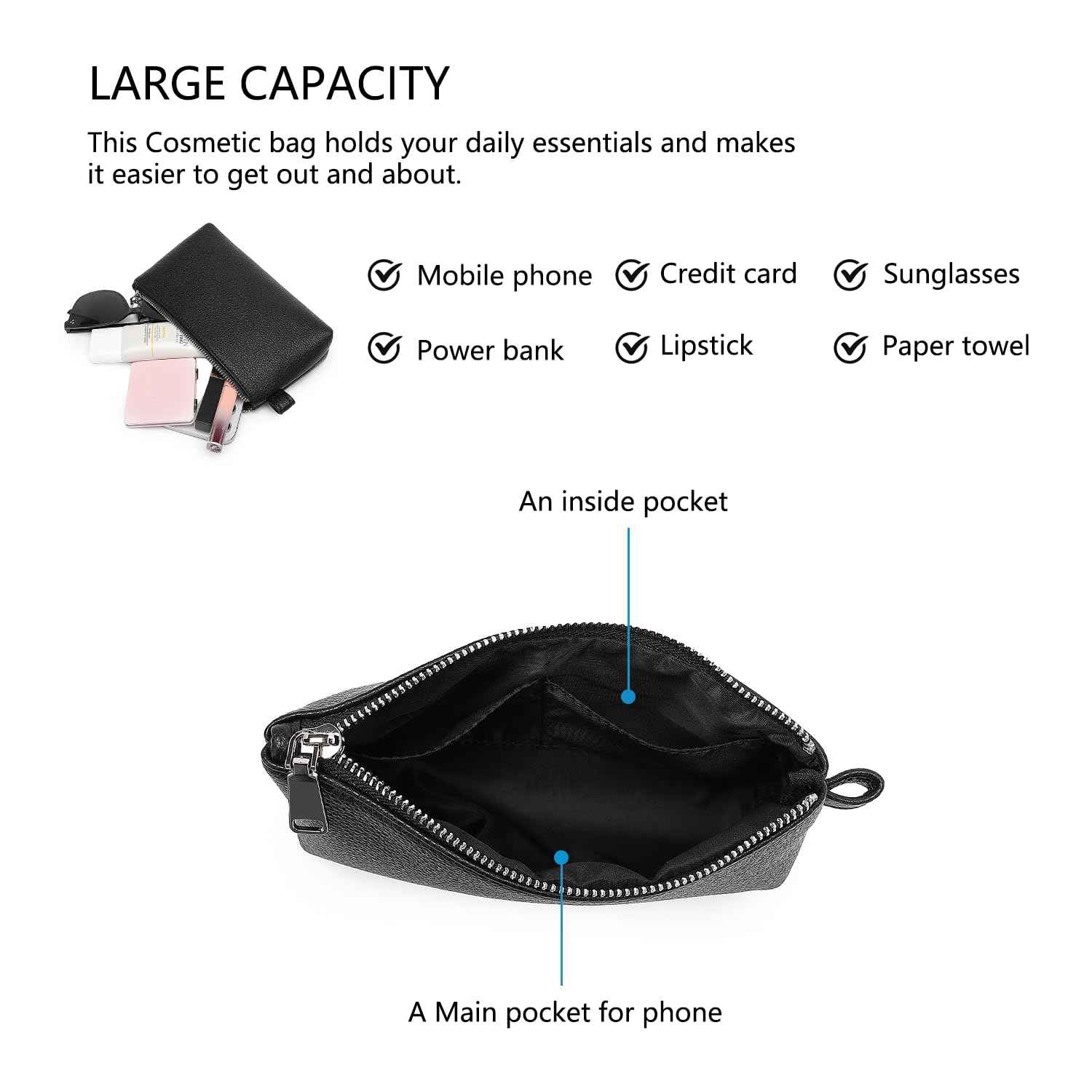 YONBEN PU Leather Makeup Simple and Convenient Handbag Small Exquisite Storage Bag (Pu/Black)