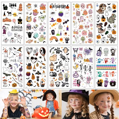 Halloween Temporary Tattoos for Kids - 10 Sheets 150+ Designs