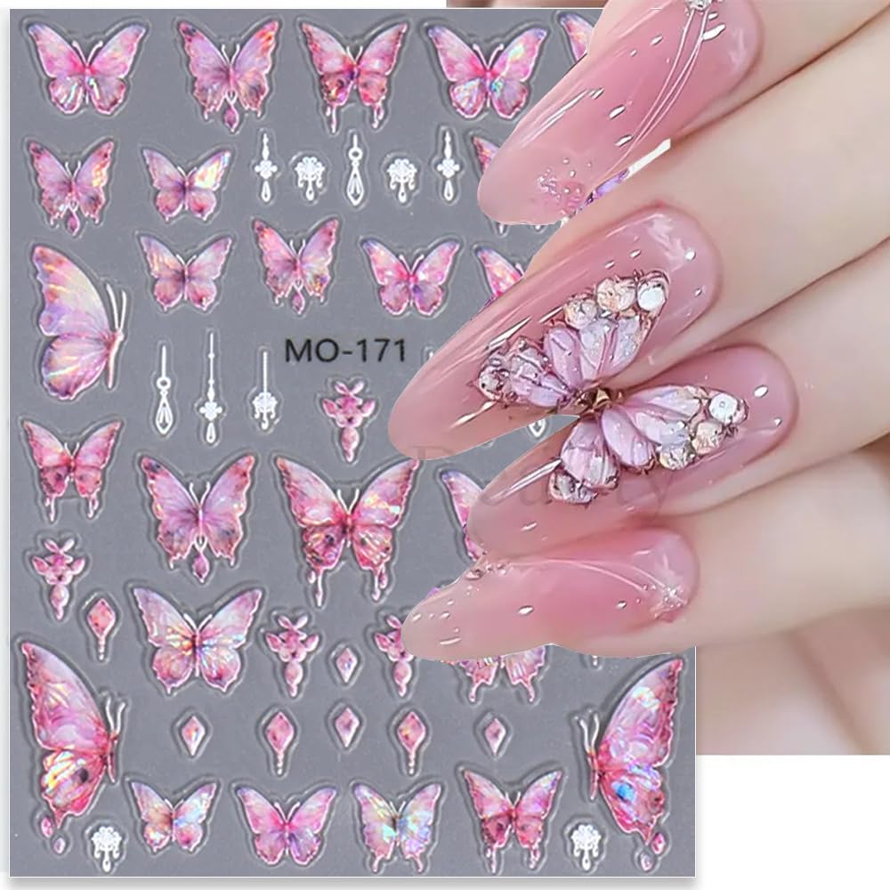 5D Aurora Butterfly Nail Stickers for Women Cartoon Butterfly Nail Art Stickers for Nail Designs Embossed Butterfly Stickers for Nails Design Rose Flower Butterfly Nail Decals for Nail Art Supplies