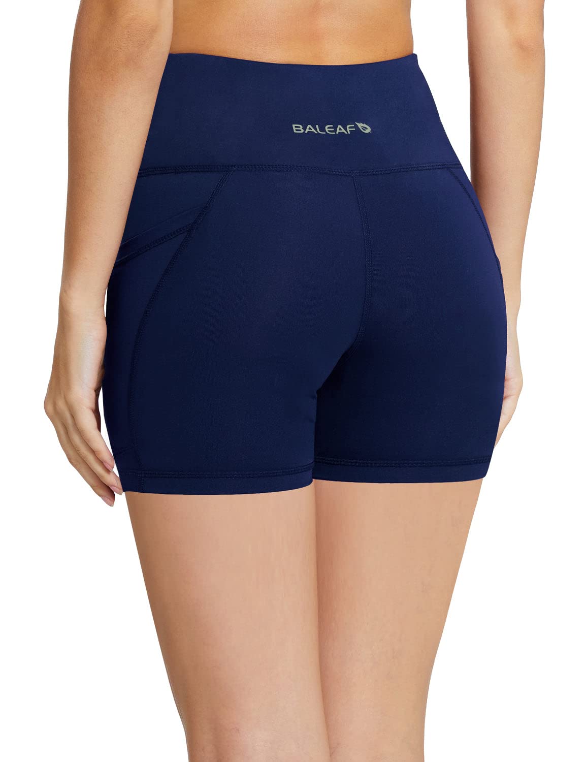 BALEAF Biker Shorts Women Yoga Gym Workout Spandex Running Volleyball Tummy Control Compression Shorts with Pockets 5" 2-Pack Black/Navy Blue XS