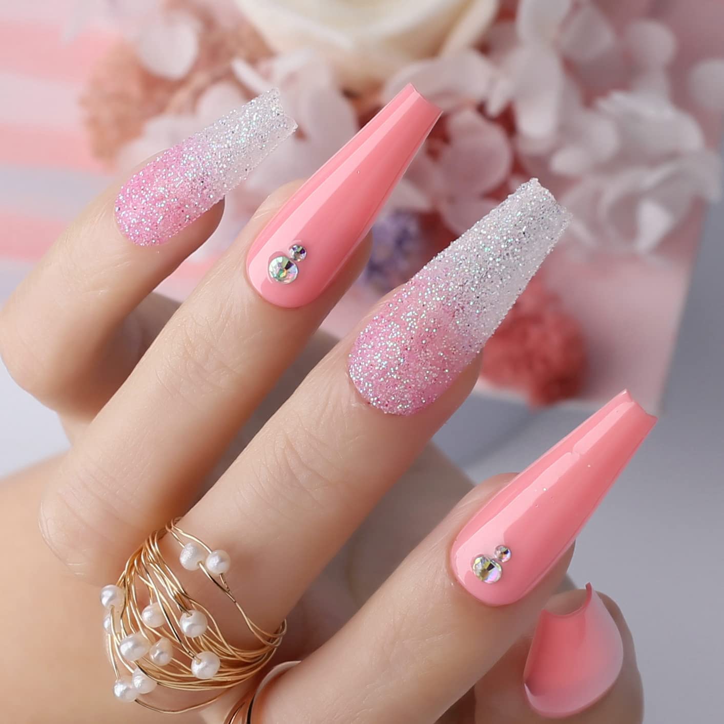 imRPD Press On Nails Long Coffin Glitter Pink Ballerina Fake Nails with Luxury Bling AB Rhinestone Acrylic Nails Glossy Full Cover False Nails For Women and Girls