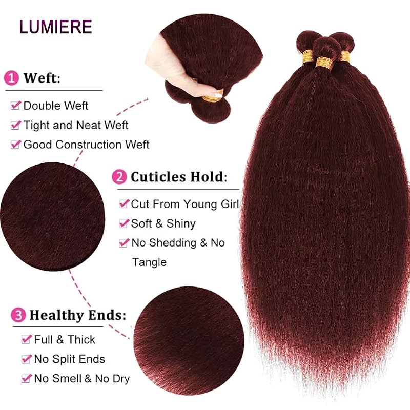 #99J Burgundy Yaki Straight Human Hair Bundles – 22/24/26 Inch