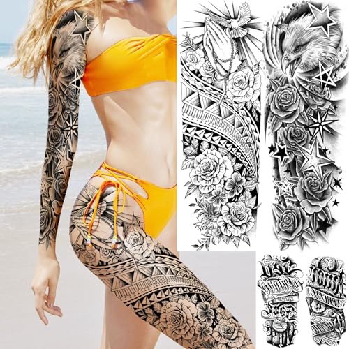 20 Sheets Maori Flower Full Arm Sleeve Temporary Tattoos For Women Adults Thigh, Half Arm Sleeve Tattoos For Men Prayer Rose Peony Florals Eagle Wolf Angel Wings, Black Halloween Fake Tattoo Stickers