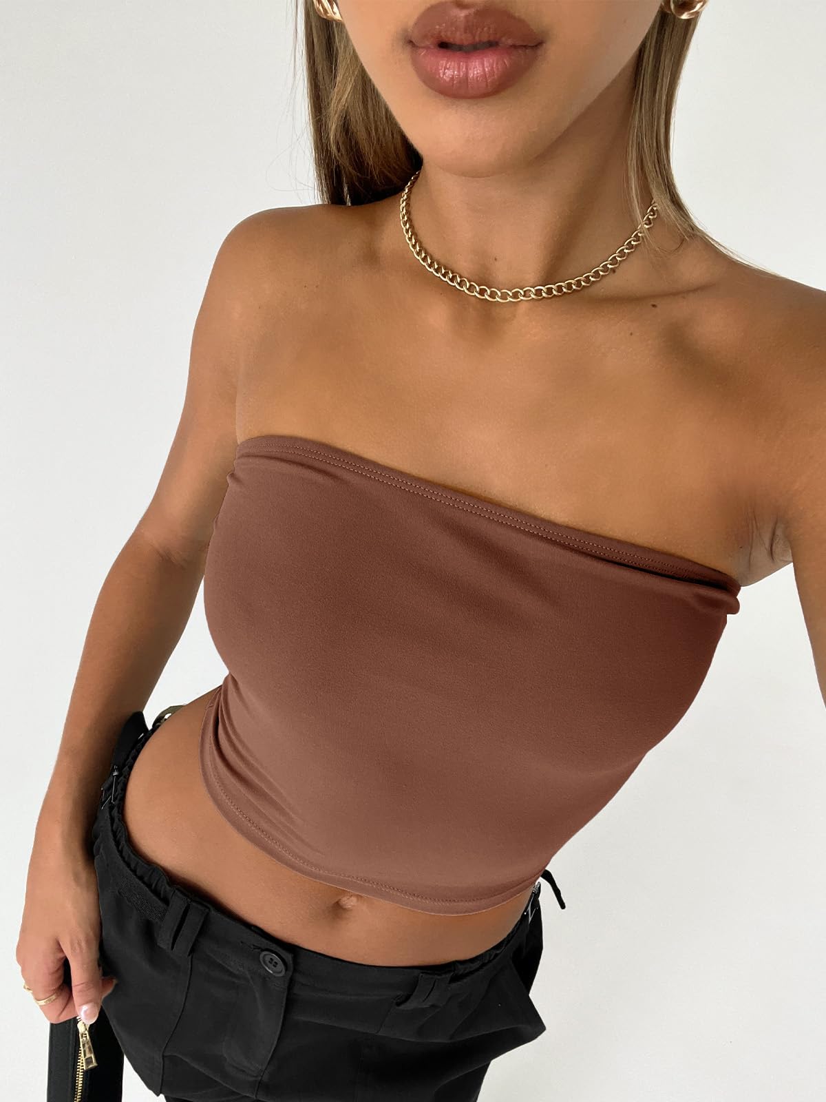 Trendy Queen Country Concert Outfits for Women Bandeau Strapless Summer Vacation Outfits 2024 Sexy Tube Going Out Tops Basic Backless Cute Sleeveless Slim Fit Teen Girls Clothes Coffee