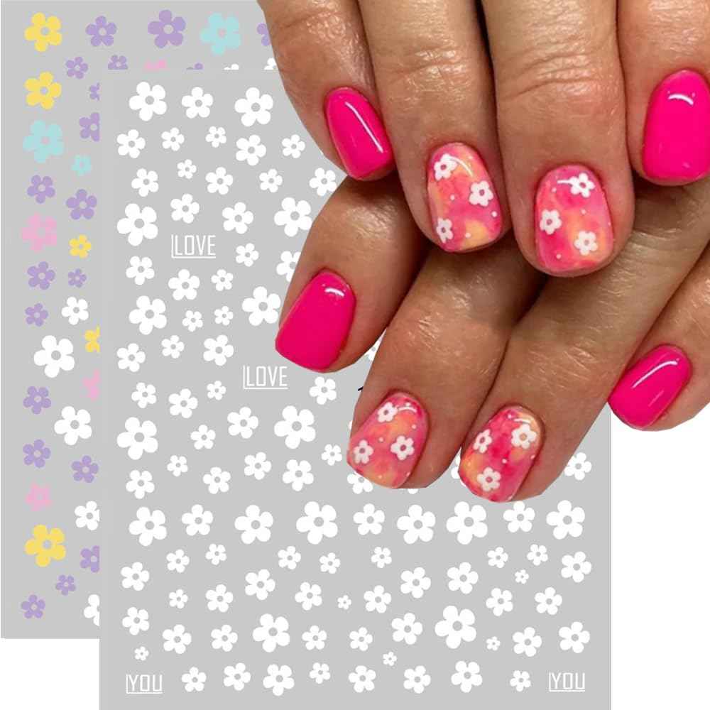 Flower Nail Art Stickers, Floral Daisy Nail Decals 3D Self-Adhesive Pink White Cute Daisy Small Flower Spring Summer Nail Design Manicure Tips Nail Decor Accessories for Women Girls(6Sheets)