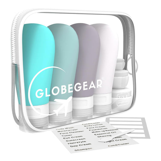 GLOBEGEAR TSA Approved Silicone Travel Bottles Leak Proof & Travel Size Containers for Toiletries Travel Kit with TSA Liquids Travel Bag (model GG3)