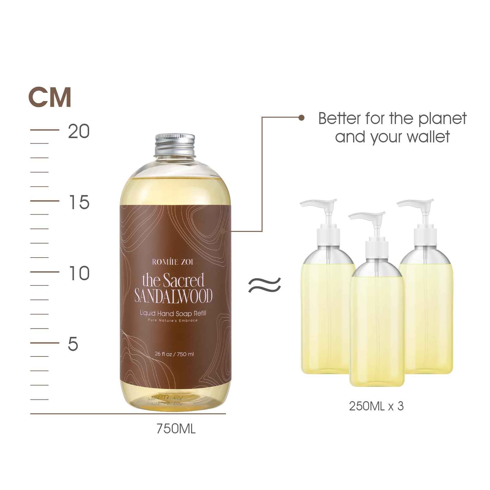 ROMIIE ZOI Liquid Hand Soap Refill Gift Set-3 Pack, Cruelty-Free and Biodegradable Formula, Moisturizing Hand Wash with Essential Oil for Sensitive Skin, Sandalwood Scent (26Fl Oz x 3)