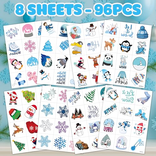 96 Pcs Winter Temporary Tattoos for Kids | Snowflake Snowman