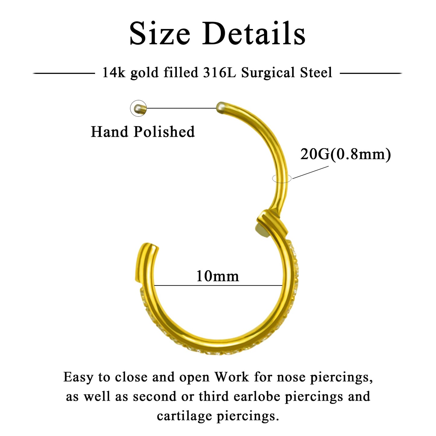 SmileBelle 14k Hinged Nose Rings Hoops for Women Studs, 316L Surgical Steel Clicker Septum Rings, Gold Nose Hoop Huggie Earring for Upper Lobe Cartilage Helix Piercing Jewelry（10mm-20g）