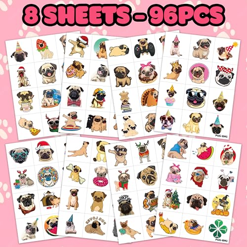 96 Pcs Pug Temporary Tattoos for Kids - Party Favors