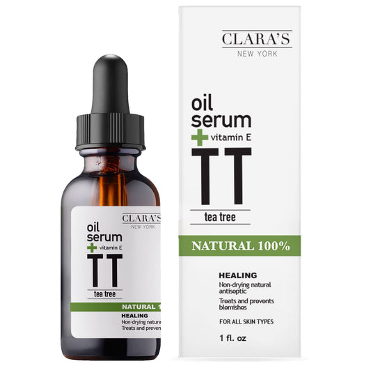 Clara's New York 100% Natural Tea Tree Facial Oil Serum with Vitamin E for Clearing Acne, Breakout, Pimple and Calming Redness, Blemish-Prone, Scars - 30ml /1Fl oz - Made In USA