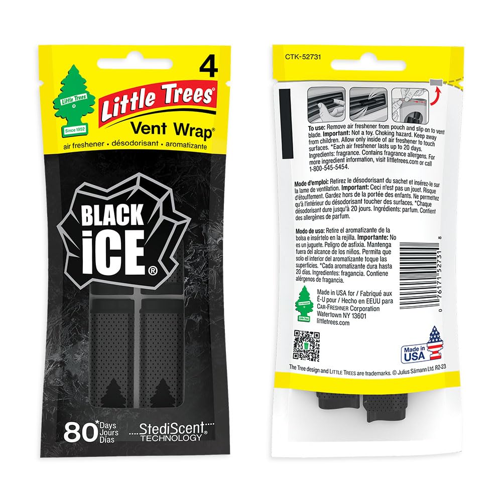 LITTLE TREES Car Air Freshener. Vent Wrap Provides Long-Lasting Scent, Slip on Vent Blade. Black Ice, 16 Air Fresheners, 4 Count (Pack of 4)