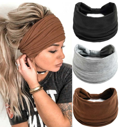 GORTIN Boho Headbands Leopard Hair Bands Knoted Turban Headband Stretch Twist Head Wraps Stripe Cloth Head Bands for Women and Girls 3 Pcs (X-Solid Color Set 1)