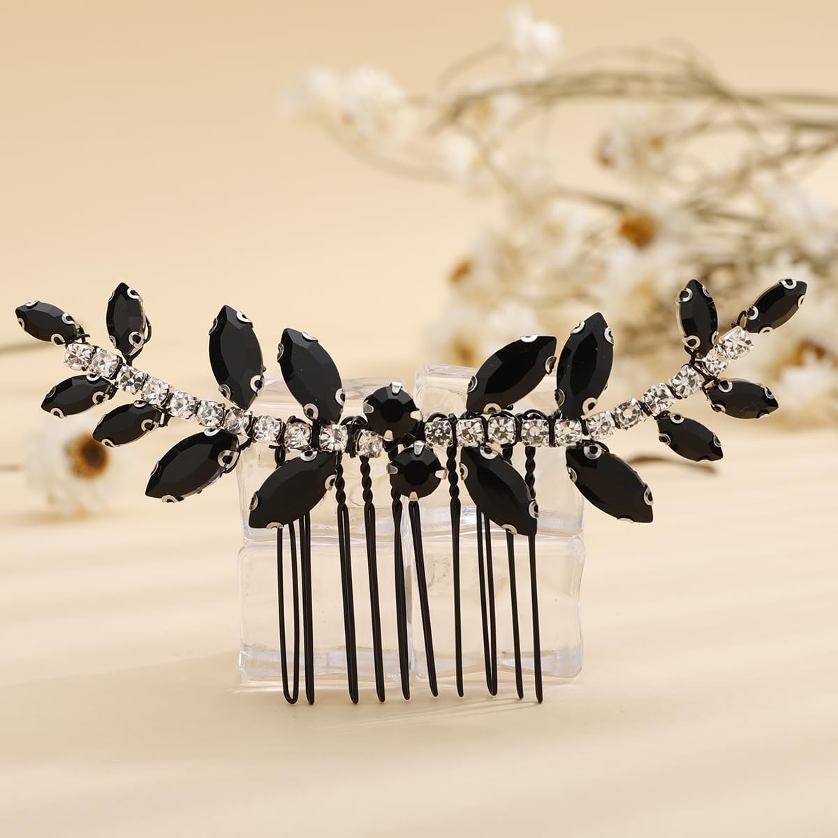 Xerling Brides Wedding Hair Comb Handmade Black Rhinestone Crystal Hair Side Comb Bridal Hair Pieces Boho Headpiece Hair Jewelry Accessories for Women Flower Girls (Black)