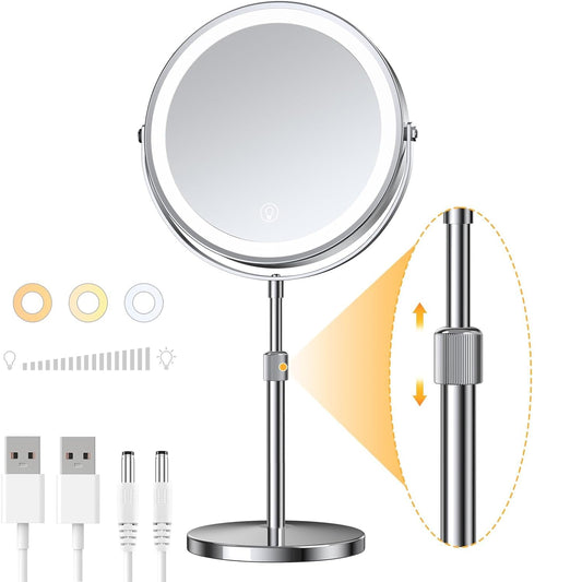 Lighted Makeup Mirror with Height Adjustable, 8.5” Rechargeable LED Magnifying Mirror with 3 Dimmable Colors, 1X 10X Double Sided Vanity Mirror with Lights, 360° Rotation Touch Screen Makeup Mirror