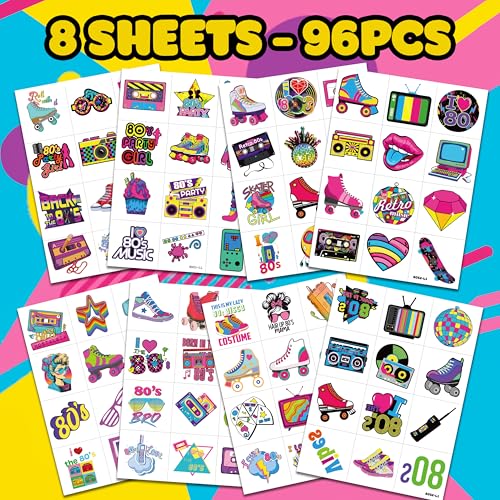 80s Temporary Tattoos 96 PCS Retro Party Favors for Kids