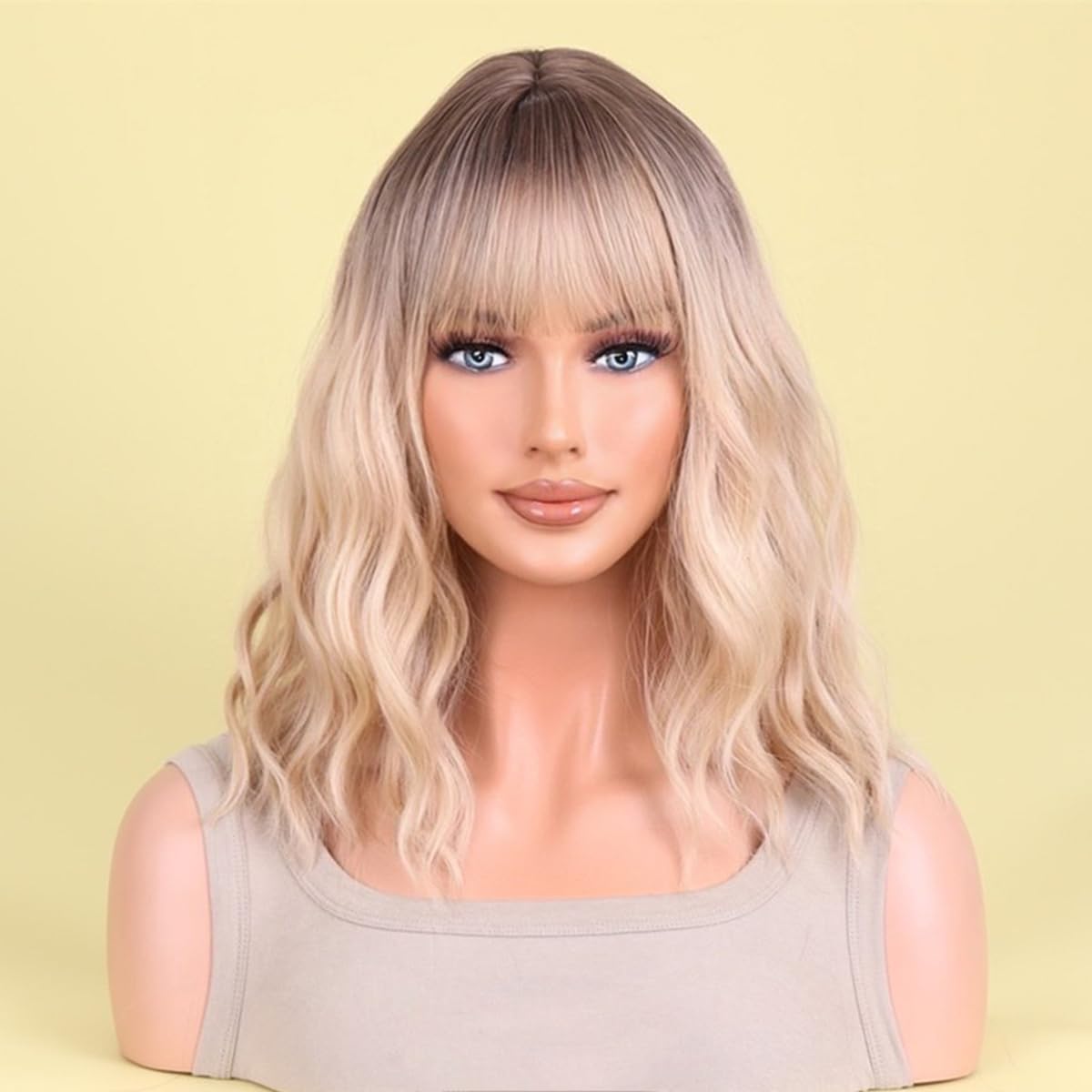 AneShe Blonde Ombre Wig Short Blonde Wavy Bob Wig for Women Curly Synthetic Hair Wig with Air Bangs Shoulder Length Ash Blonde Wigs for Party Cosplay (14" Blonde Ombre)