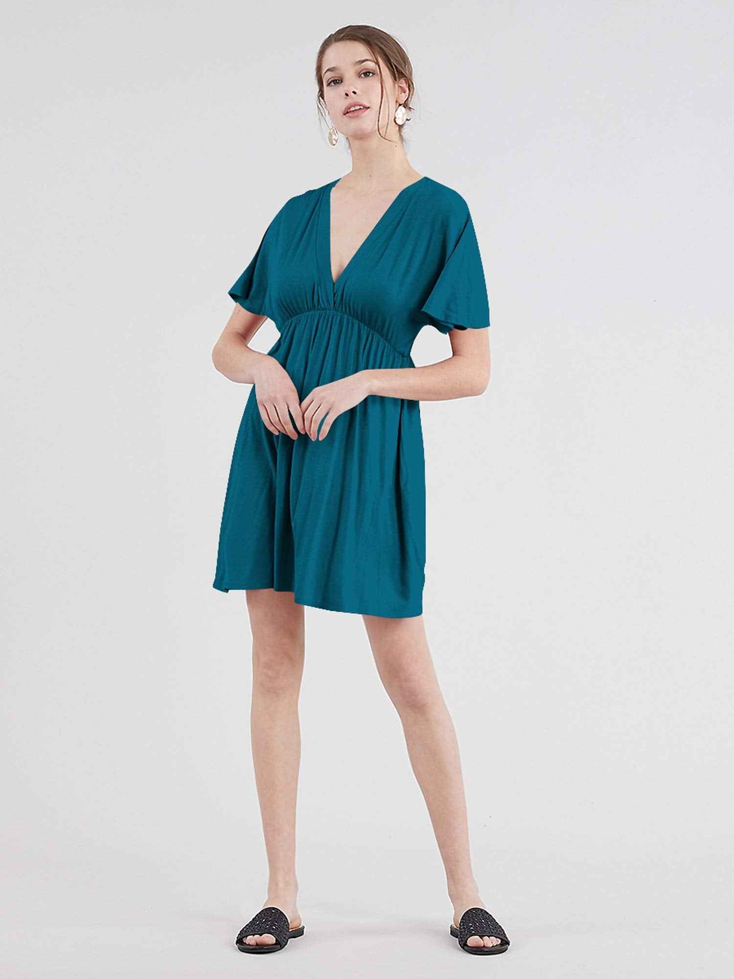 Lock and Love LL WDR 1338 Womens Short Sleeve Kimono Style Deep V-Neck Casual Summer Dress S-3XL Plus Size XXXL Teal