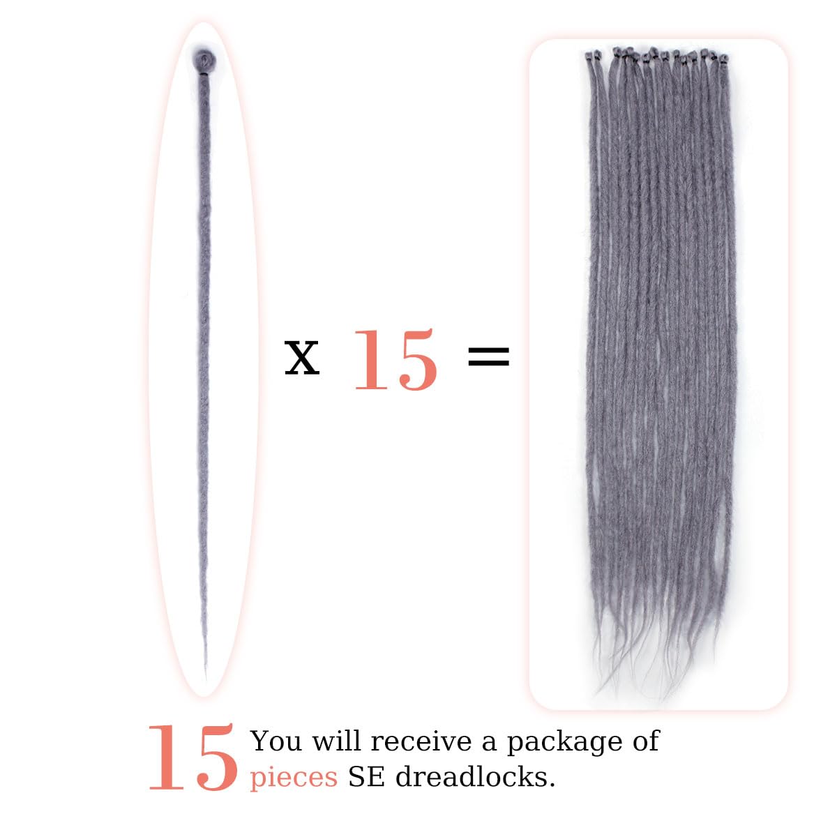 Sangtok 24 inch Dreadlock Extensions 15 pcs Gray Single Ended Thin 0.6cm Dreads Extensions, Synthetic Dreadlock Extensions Reggae Hippie Crochet Dreads for Women