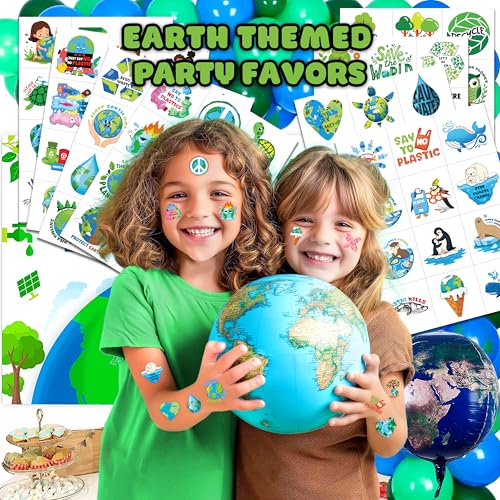 96 PCS Earth Day Environment Pre-Cut Temporary Tattoos for Kids | Super Cute Themed Birthday Party Favors, Supplies, Decorations, Fake Tattoo Stickers, School Rewards Prizes & Gifts Boys & Girls