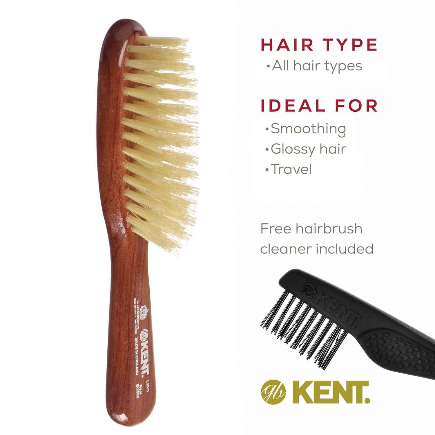 Kent LR23 Finest Ladies Narrow Style, Danta Wood, Pure White Bristle Hair Brush - Short to Medium Length Hair, Handbag Sized
