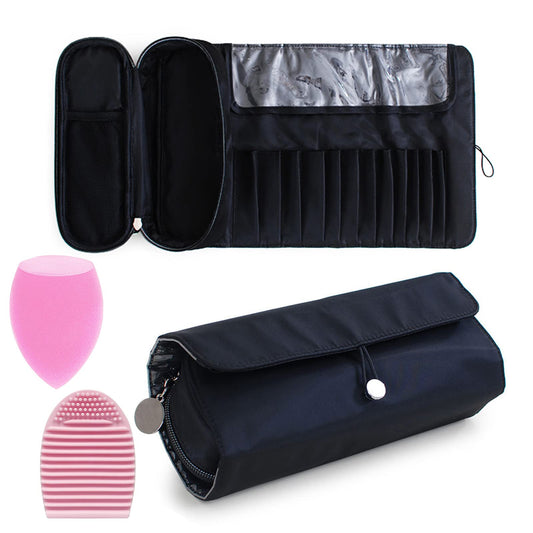 Portable Makeup Brush Organizer Makeup Brush Bag for Travel Can Hold 20+ Brushes Cosmetic Bag Makeup Brush Roll Up Case Pounch Holder for Woman With Bonus Brush Cleaning Mat and Makeup Sponge